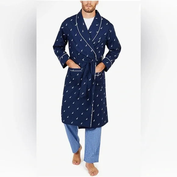 Nautica Men's Long Sleeve Cotton Woven Robe - Lightweight & Comfortable